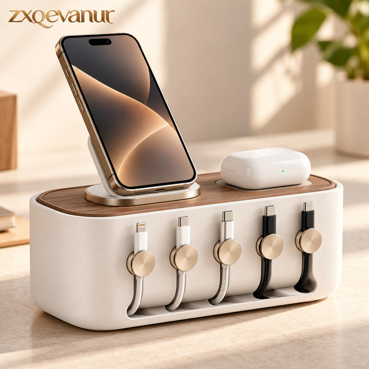 zxqevanur™ Walnut-Look Charging & Cable Organizer main product image