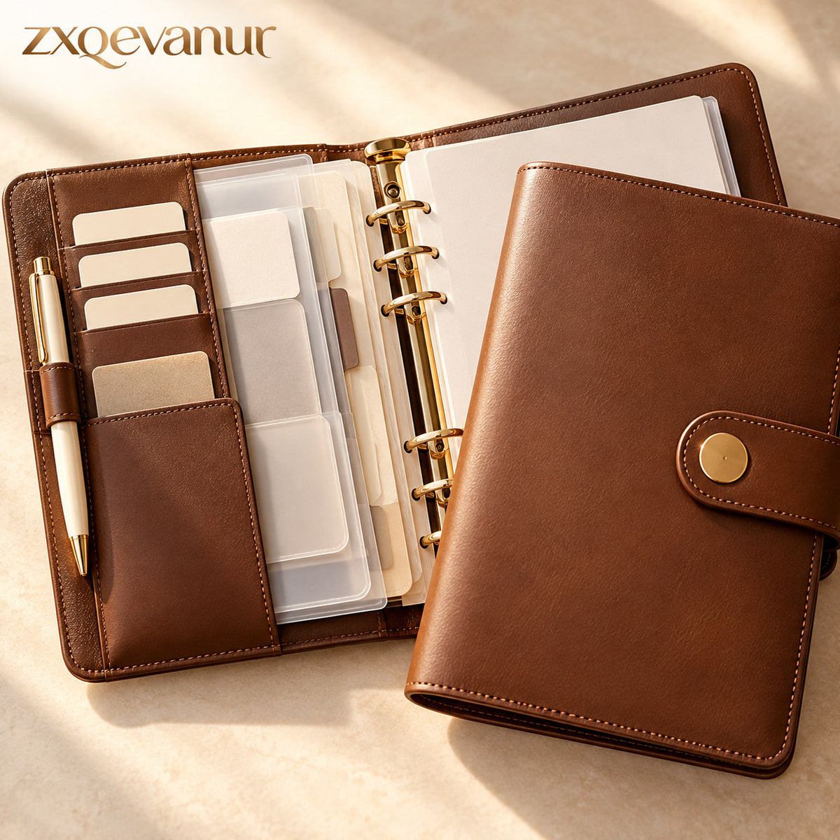 zxqevanur™ Cognac Leather-Look Ring Binder Organizer main product image