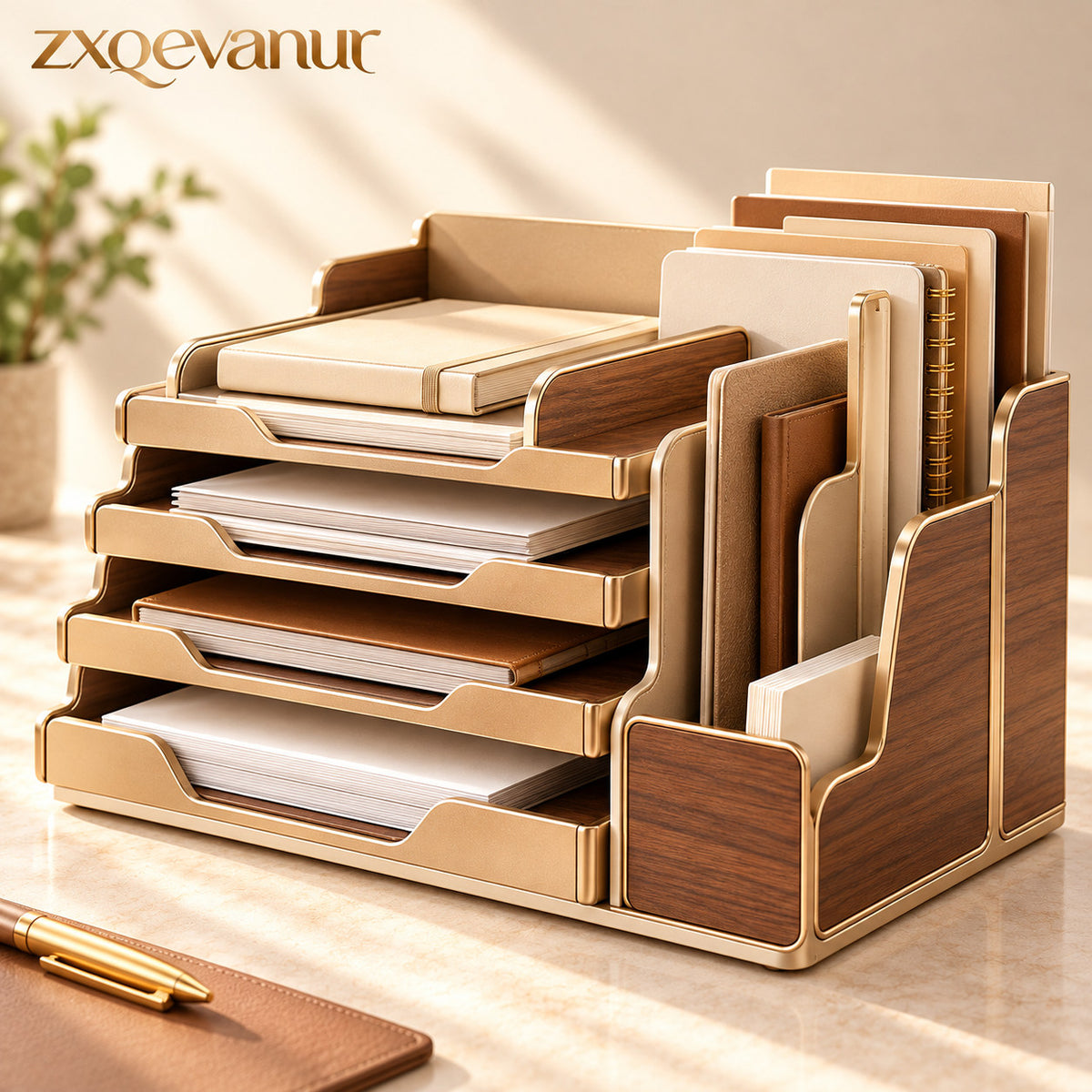 zxqevanur™ Walnut Multi-Tier Desk File Organizer main product image